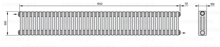 Схема (чертеж) Радиатор Zehnder Charleston 3030/42 №1670 Белый глянцевый RAL 9016